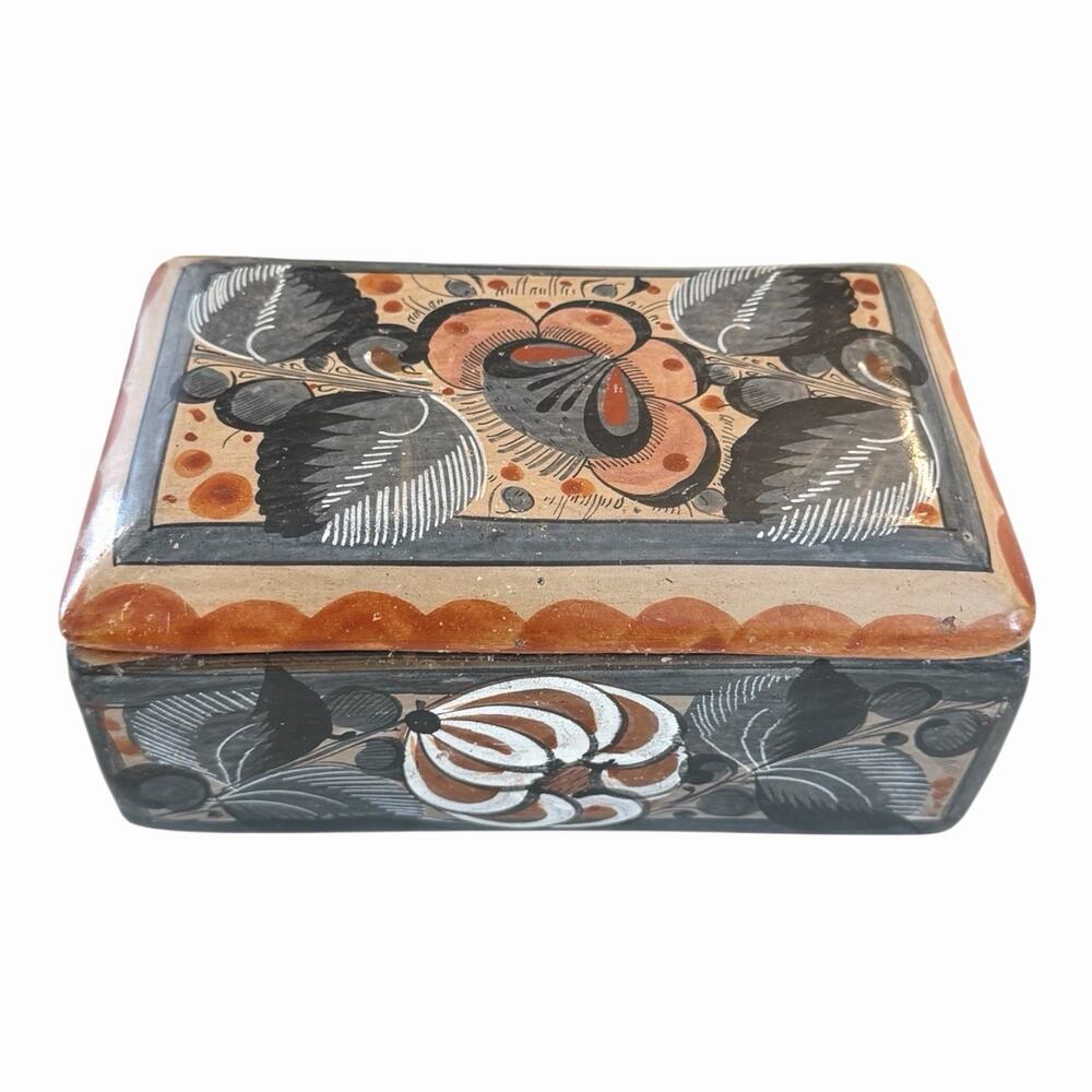 Tonala Mexican Flower Folk Art Pottery Lidded Trinket Box Hand Painted